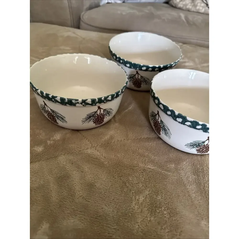 Tienshan Folk Craft Soup/Cereal Bowls Pine Cone Stoneware Spongeware Set Of 3